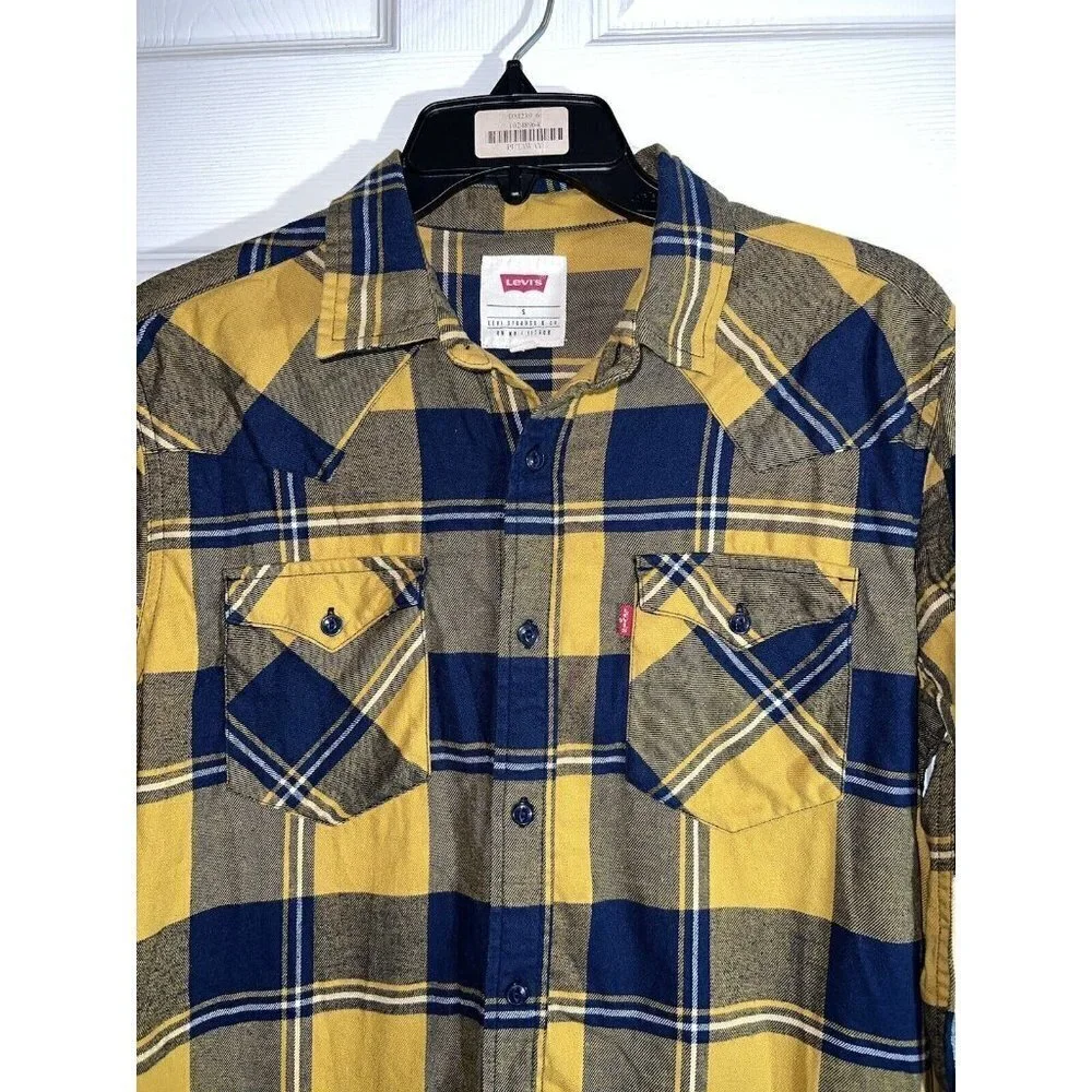 LEVI'S Mens Button Light Flannel Shirt Yellow Plaid Button Down Long Sleeve